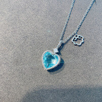 wholesale 925 Sterling Silver Aquamarine Heart Necklace for Women, Summer New Style with Micro-Inlaid Zircon Blue Heart-Shaped Collarbone Chain-Copper platinum