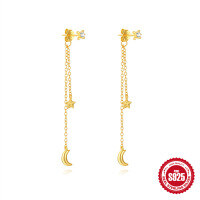 wholesale S925 Sterling Silver Classic Elegant Star and Moon Tassel Earrings with Inlaid Crystals-Gold 925 silver