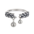 wholesale S925 Sterling Silver Korean-style Forest-themed Leaf and Wheat Spike Small Bead Pendant Creative Open Ring-0-4