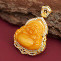 wholesale S925 Silver Natural Beeswax Buddha Pendant, Hand-carved Traditional Chinese Style Laughing Buddha in Chicken-fat Yellow Amber-0-5