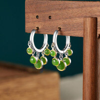 wholesale S925 Sterling Silver Ethnic Style Hotan Jade Retro Geometric Bead Circle Earrings for Autumn Winter Versatile Elegant Earrings-Beeswax Earrings 925 Silver