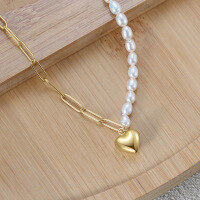 wholesale S925 Sterling Silver Cloud-Shaped Chain with Baroque Pearl and Heart Pendant French Retro Necklace-14K gold 925 silver