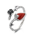 wholesale S925 Sterling Silver Southern Red Agate Three-Dimensional Floral Design Open Adjustable Ring Vintage Bohemian Ancient Style Index Finger Ring-0-4