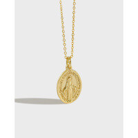 wholesale S925 Sterling Silver XA142 Korean-style Round Pendant Collarbone Chain, Personalized Retro Gold Virgin Mary Charm Necklace for Women-18K gold 925 silver