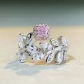 wholesale 925 Sterling Silver Adjustable Open Ring with Pink Diamond, Leaf Design, Ins Style Minimalist Ring-0-4