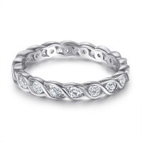 wholesale S925 Sterling Silver Wave Women's Fashion Trendy Ring European and American Best-Seller Full Diamond Eternity Band-Platinum US size 9#