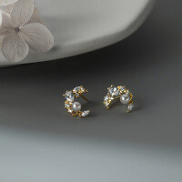 wholesale S925 Sterling Silver French Elegant Bead Synthetic Pearl Moon Diamond Stud Earrings G8796-S925 silver pair gold