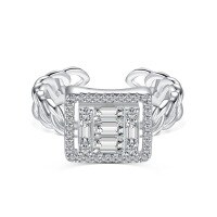 wholesale S925 Sterling Silver Light Luxury Women's Square Zirconia Row Diamond Design High-End Exquisite Step-Cut Stone Closed Ring-Platinum DY120831-SW-WH Adjustable opening