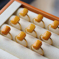 wholesale S925 Silver Natural Antique Beeswax Square Ring Openable Band Mustard Yellow Antique Beeswax Large Statement Ring-0-5