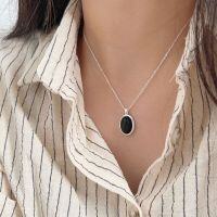 wholesale S925 Sterling Silver Oval Black Agate Necklace for Women, Korean Summer Minimalist Design High-End Collarbone Chain-Pure silver (length 40+5CM)