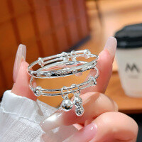 wholesale 9999 Pure Silver Auspicious Healthy Baby Bracelet Anklet Engravable for Full Moon Birthday and First Birthday Gifts-Longevity 999 silver pair about 18g 999 silver