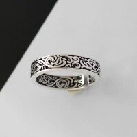 wholesale Best-selling antiqued Thai silver men's and women's retro ring with Tang grass pattern, auspicious cloud design, openable, vintage-style gift-XB070--Chinese Style Auspicious Cloud Ring>Adjustable opening