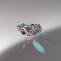 wholesale 925 Sterling Silver Korean Style INS Niche Design Textured Opal Moonstone Ring with Micro-Set Colorful Zircon-White gold 925 silver opening adjustable