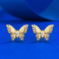 wholesale S925 Gold-Plated Silver Vintage Botanical Brushed Dreamy Butterfly Ear Studs, Fashionable and Versatile with a High-End Feel-E571 Gold Butterfly Earrings 925 Silver