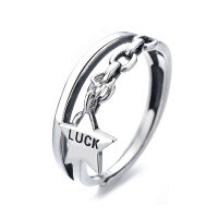 wholesale S925 Sterling Silver Double Layer Star Letter Luck/Pentagram Tassel Chain Ring-381FJ/A model weighs approximately 2.51g. Opening is adjustable.