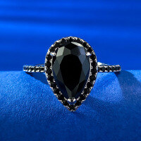 wholesale 925 Silver Metal New European and American Style 7*11 Pear Drop Black Zircon Ring Vintage Minimalist Ring Band-R882 Black Ring Size 6