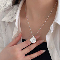 wholesale S925 Sterling Silver Geometric Textured Pendant Necklace for Women, Korean Minimalist Style, Small and Chic, Versatile and Unique Collarbone Chain-Pure silver (45+5CM)