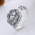 wholesale S925 Sterling Silver Retro Vintage-inspired Literary and Artistic Lotus Leaf and Lotus Flower Creative Matte Finish Open Adjustable Ring-0-0