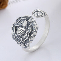wholesale S925 Sterling Silver Retro Vintage-inspired Literary and Artistic Lotus Leaf and Lotus Flower Creative Matte Finish Open Adjustable Ring-YFJ660 about 4.2 grams 925 silver