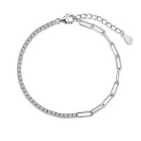 wholesale S925 Sterling Silver Women's Tennis Bracelet with Four-Leaf Clover Geometric Zirconia Pave Design, Light Luxury and High-End Feel-Platinum DY150308-SW-WH 925 Silver