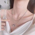 wholesale S925 Sterling Silver Retro Double-Layer Stackable Rhombic Grid Lucky Bead Necklace Hip-Hop Style Women's Collarbone Chain-0-1