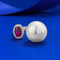 wholesale S925 Silver New Product 4*6 Pigeon Blood Red Zircon 12mm Pearl Openable Ring for Women Live Streaming-0-5