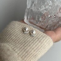 wholesale Pure silver delicate micro-inlaid zirconia silver-gray Australian white Swarovski pearl earrings for women, full body strong luster versatile elegant earrings-8mm white pearl>925 silver