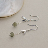 wholesale S925 Sterling Silver New Chinese Style Hetian Bead Bamboo Leaf Earrings Retro Long Hook M04580-S925 silver pair 925 silver