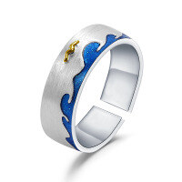wholesale 925 Silver Designer Couple's Open Ring with Wave Element, Natural Style Design, Inlaid Gemstone and Enamel-Designer enamel ring>Adjustable opening