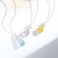 S925 Silver Teardrop Pendant with Aquamarine, Yellow & Pink Diamonds, HW Three-Diamond Necklace Wholesale-0-0
