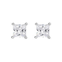 wholesale S925 Sterling Silver Fashion Princess Cut Zircon Stud Earrings for Women, Exquisite and Versatile Four-Prong Square Sugar Earrings, Light Luxury High-End Feel-E5658_White Zirconium_Platinum-Plated_6MM 925 Silver