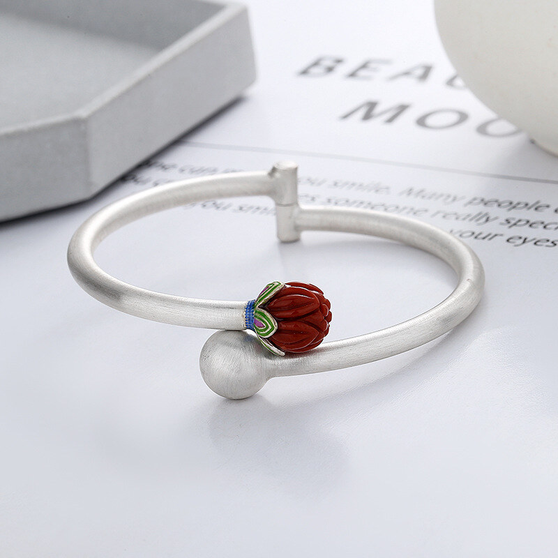 wholesale S990 Sterling Silver Vintage Matte Finish Southern Red Agate Flower Bud Lotus Pod Ethnic Style Adjustable Bangle-0-0