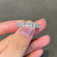 wholesale S925 silver jewelry, emerald pagoda cut, full circle diamond row ring, 4mm high-carbon diamond simulated ring band-White>No. 8