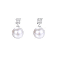 wholesale 925 Sterling Silver French Zircon Pearl Earrings For Women, Small Design, Luxury Earrings With Swarovski Crystals-E5316_Powdered Glass Beads 14M/White Zirconium_Platinum-Plated_S999 99 Silver