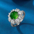 wholesale S925 silver jewelry, luxurious setting with high-ice green chalcedony, elegant 8mm cabochon ring, hot-selling in live broadcasts-0-1