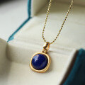 wholesale S925 gold-plated silver set with a natural lapis lazuli circular cabochon in a geometric design vintage-style pendant necklace-0-0