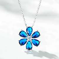 Sterling Silver Necklace with Flower Pendant and Zircon Chain-Six-flower blue necklace  925 silver