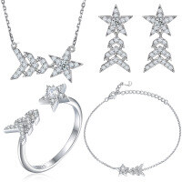 wholesale S925 Sterling Silver Open Ring Tassel Earrings Star Necklace High-end Fashion Brand Jewelry Set of Four Pieces-Ring>US size 5#