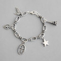 wholesale S925 Sterling Silver YHT013 Korean-style Chain Bracelet with Retro Cross Shield Wings Eiffel Tower Pentagram-0-0