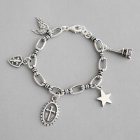 wholesale S925 Sterling Silver YHT013 Korean-style Chain Bracelet with Retro Cross Shield Wings Eiffel Tower Pentagram-Vintage Silver 925 Silver