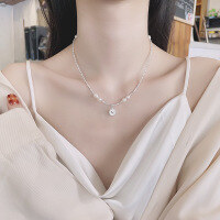 wholesale S925 Sterling Silver Crushed Silver Pearl Heart Round Pendant Necklace, Fashion Commute Gentle Luxury Style Women's Choker-096LD/approximately 8.8g 925 silver