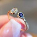 wholesale S925 Sterling Silver Two-Tone Ring with Natural White and Blue Sapphire Waterdrop, Minimalist and Elegant for Women-0-2