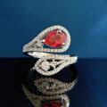 wholesale Metal: 925 Sterling Silver, 6*8mm Pear Cut Pigeon Blood Red Adjustable Ring for Women, European and American Fashion, Versatile Styling, Mu Jing Jewelry New Collection-0-0