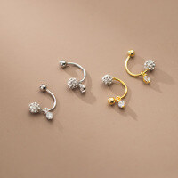 wholesale S925 silver earrings for women, a crescent moon with full diamonds, round ball, convertible ear hook and screw back, ear cartilage stud M00042-S925 silver pair-gold>925 silver