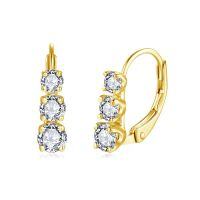 wholesale S925 Silver Plated with 18k Gold, 40mm Three-Stone Cross-Border Ins Style Round Moissanite Ear Hooks for Women, Daily Wear That Won't Fall Off-Yellow gold 1.2 carats