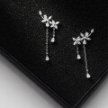 wholesale Sterling Silver Floral Earrings for Women Korean Minimalist Style with Inlaid Diamond Five-Petal Flower Sweet Tassel Long Drop Earrings G0598-0-2