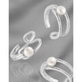 wholesale S925 Sterling Silver Geometric Openwork Inlaid Freshwater Pearl Opening Ring for Women, Korean Version Minimalist and Elegant-0-1