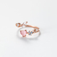 wholesale S925 Sterling Silver Korean-style Synthetic Glass Heart Inlaid with Diamond Branch Ring Simple and Unique Hand Accessory R00562-S925 silver ring Adjustable opening