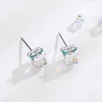 wholesale Sterling Silver S925 Crystal Stud Earrings for Women, Korean-style Minimalist Aurora Sugar Cube Earrings, Luxury Accessories-xb594-Platinum Color Diamond