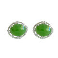 wholesale 925 Sterling Silver with Hetian Jade Inlaid Earrings, Simple Ancient Style Natural Cabochon Green Jade Stud Earrings for Women-0-4